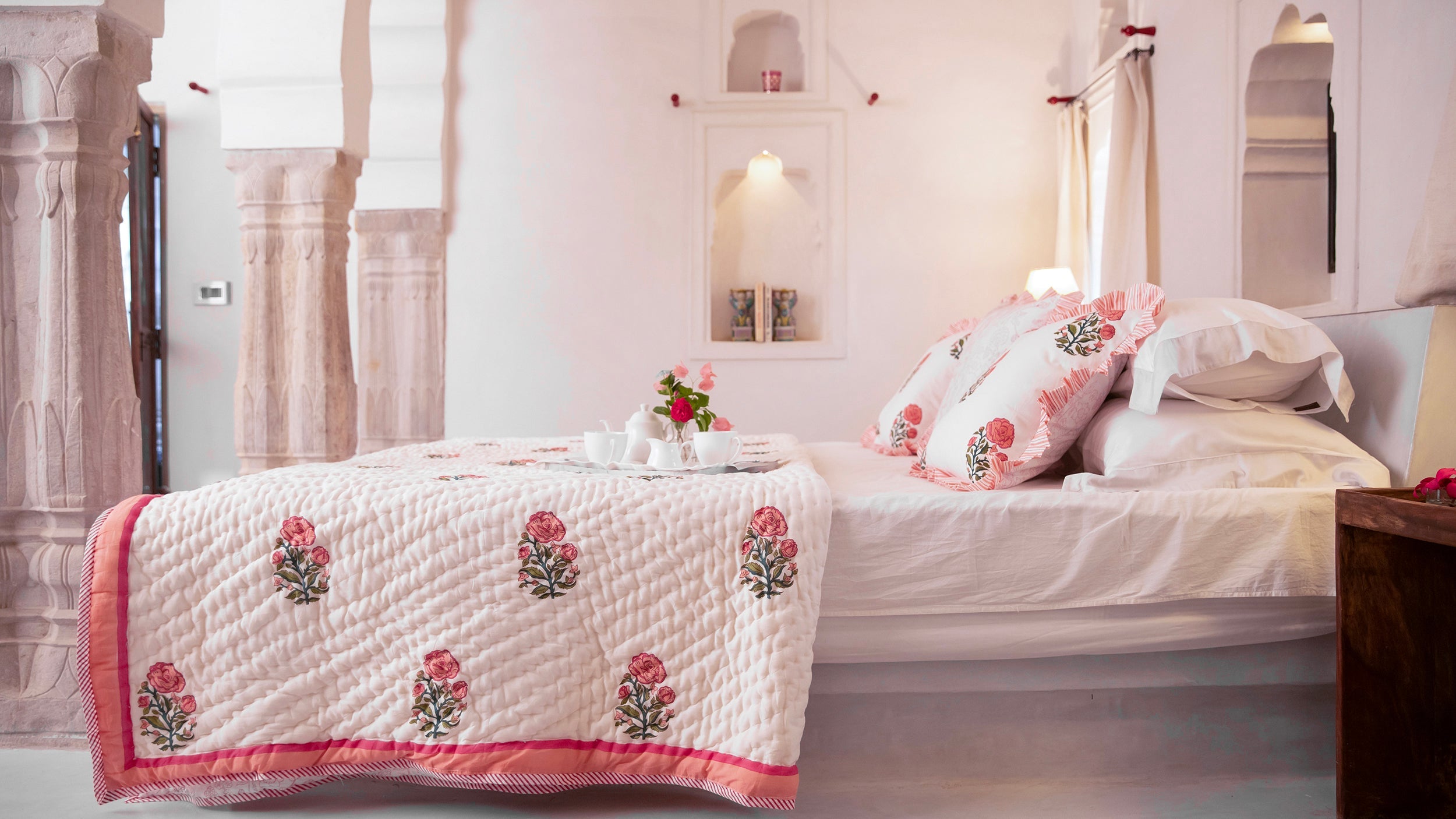 Rose block printed bed quilt