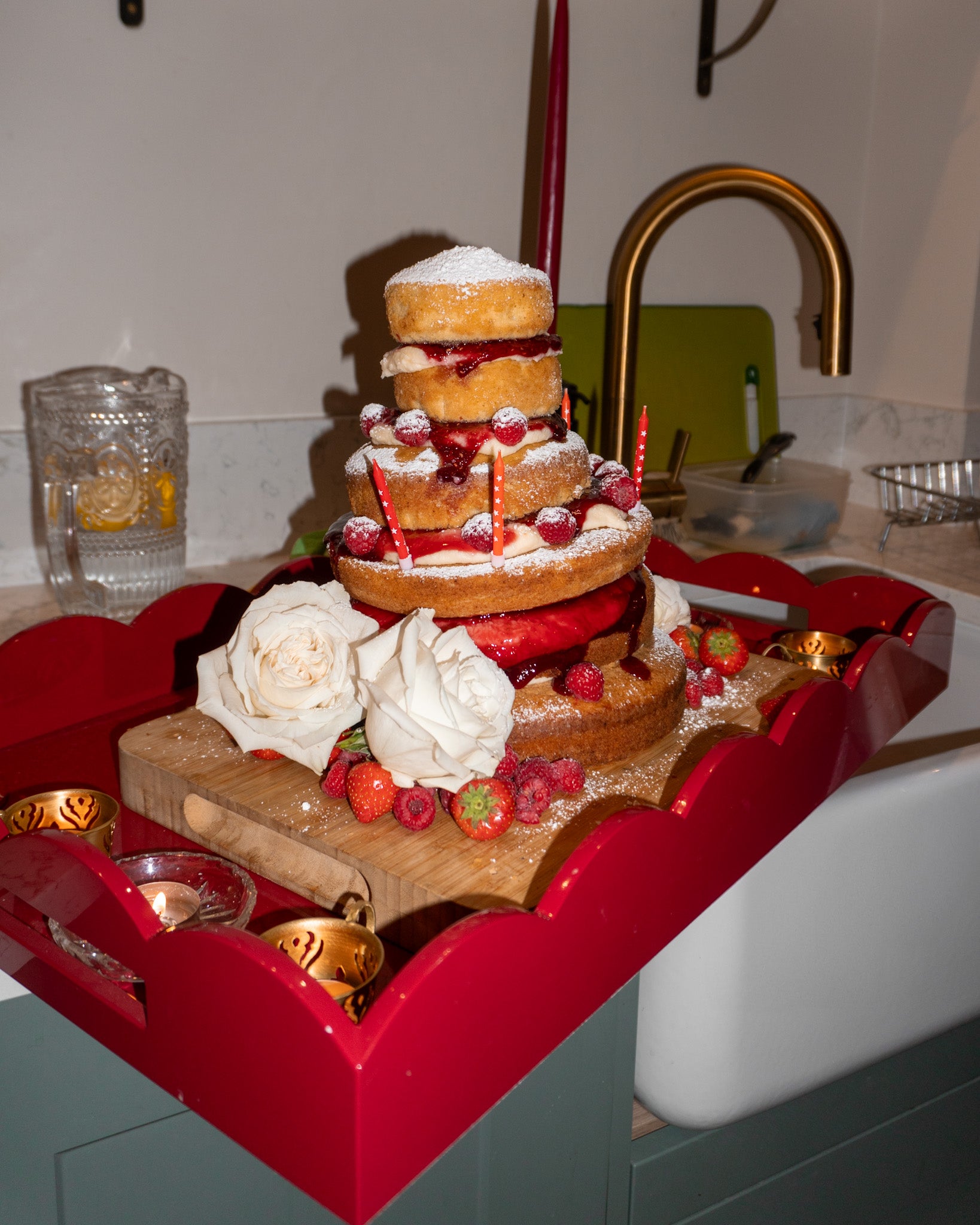 Birthday cake on red tray