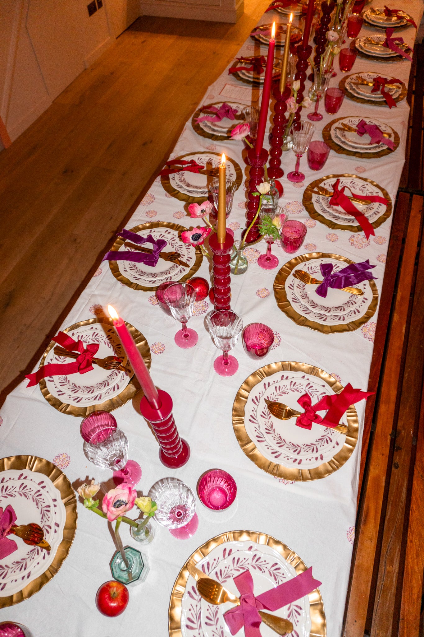 Dahlia jewel tablescape with bows and candles