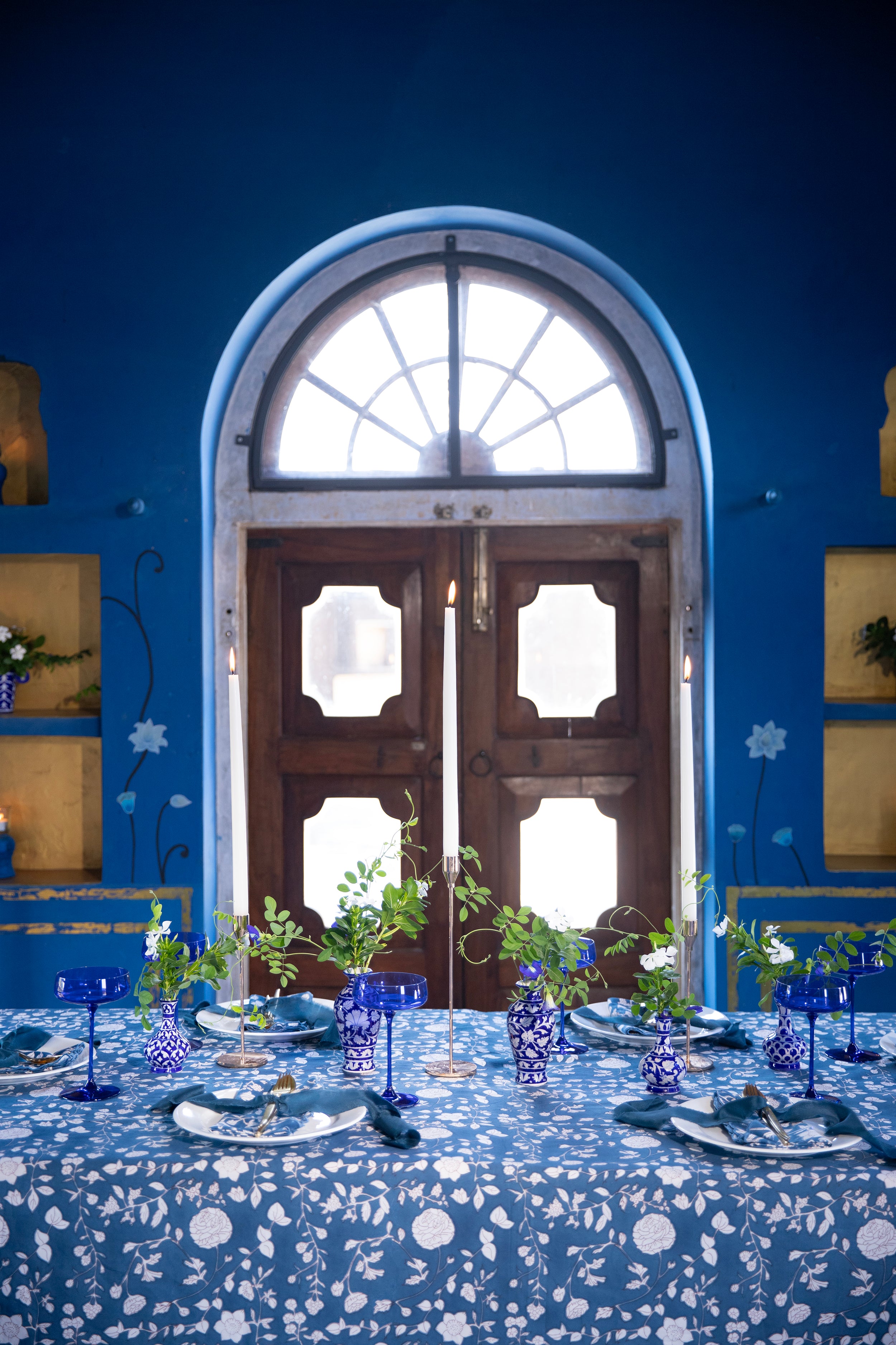 Indigo blue tablescape in blue room