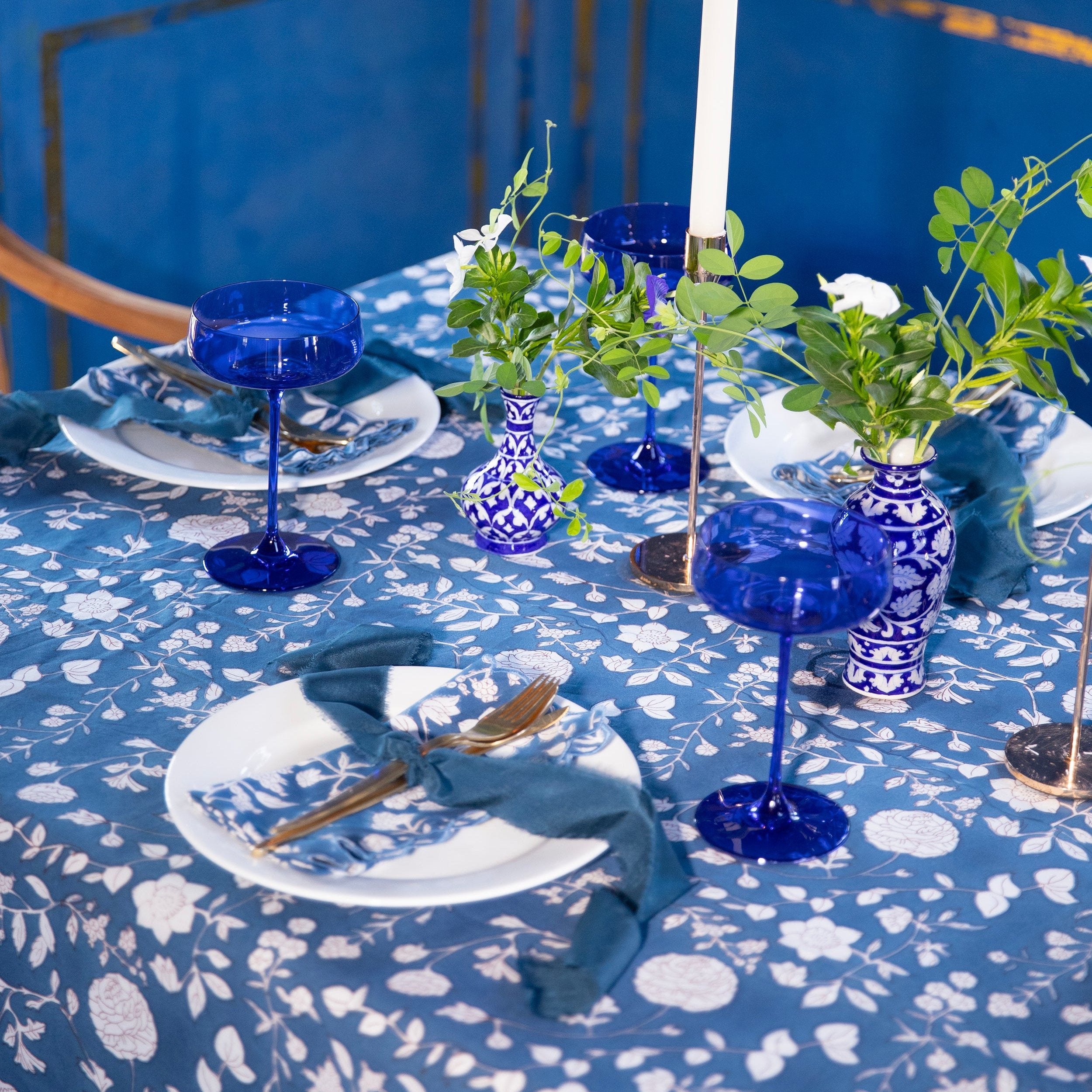 Indigo blue tablescape details with flowers