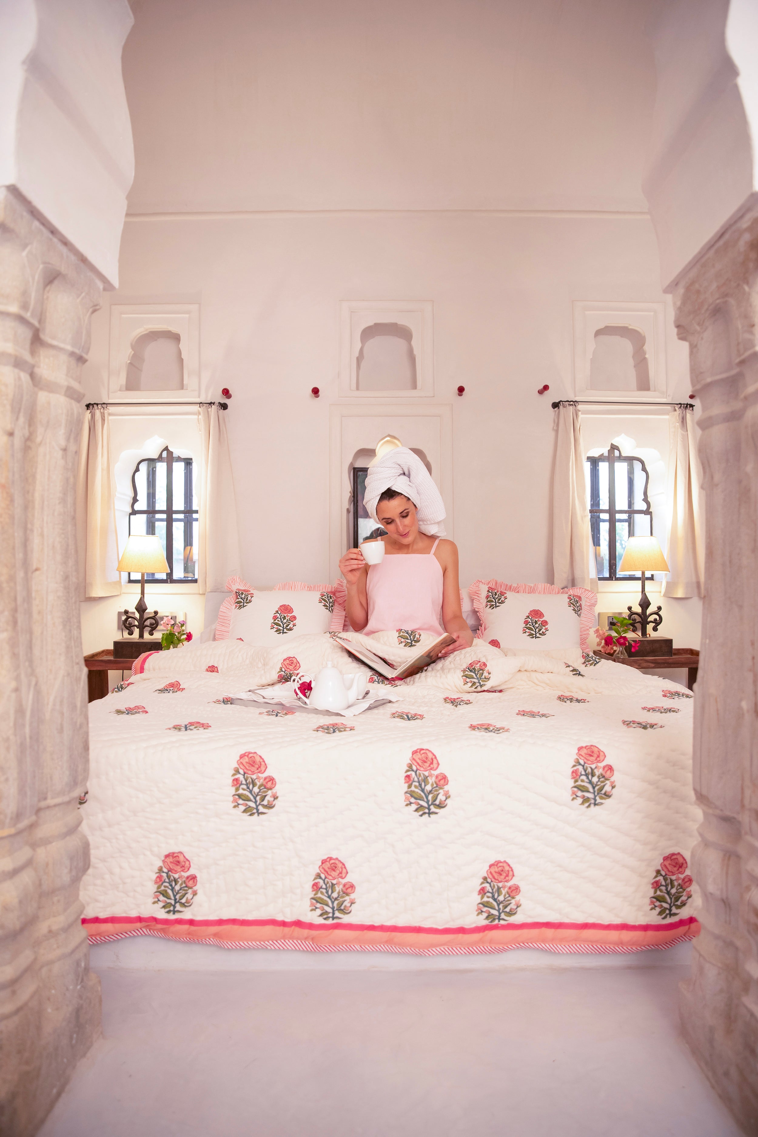 Rose Block Print Bed Quilt with Rosanna